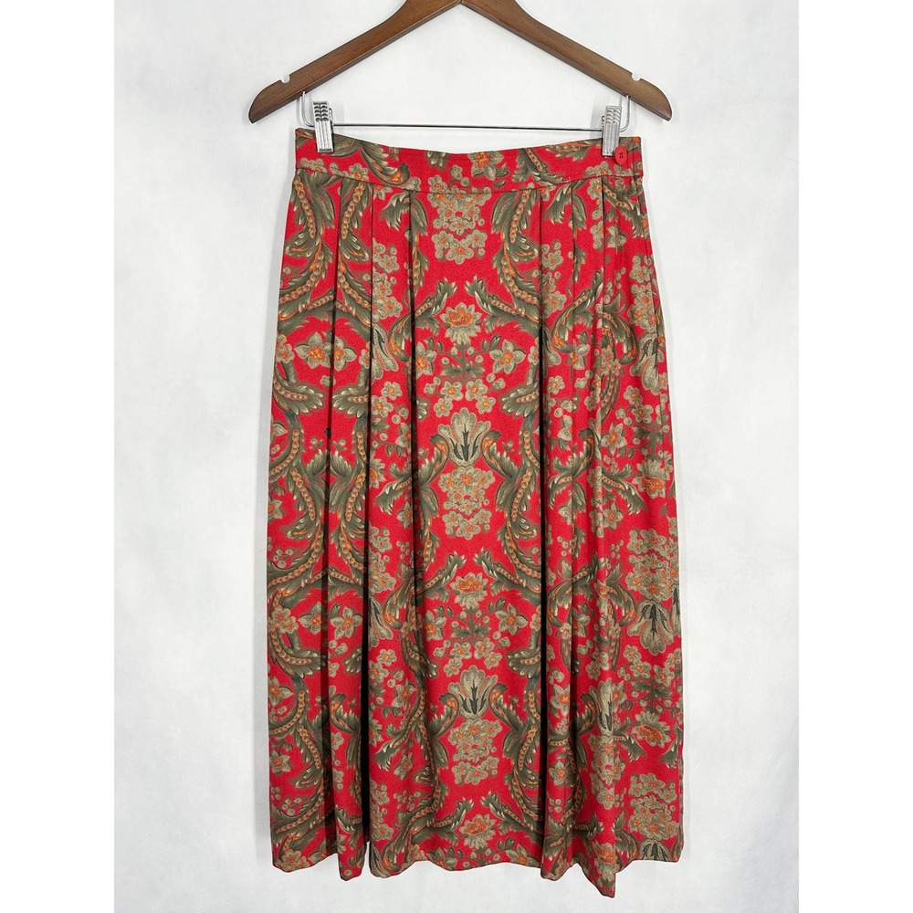 Vintage ILGWU Indie Bohemian Damask Red Pleated Midi Skirt Modern Women's Size 6